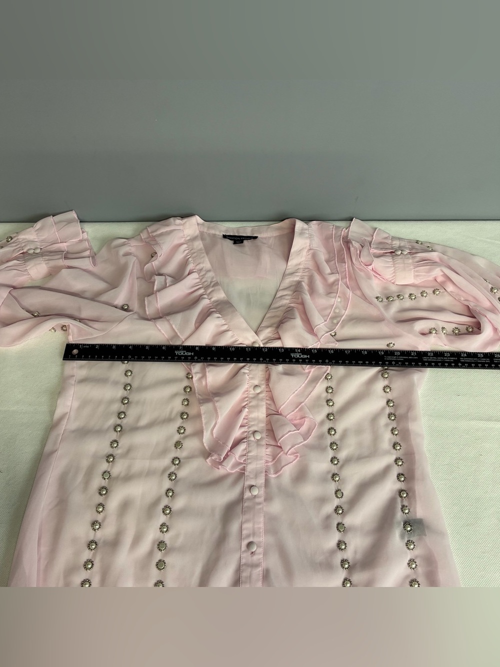 Boston Proper Parisian Pearl Embellished Ruffle Blouse/Cami Pink Sheer Sz L Flaw - Picture 8 of 16